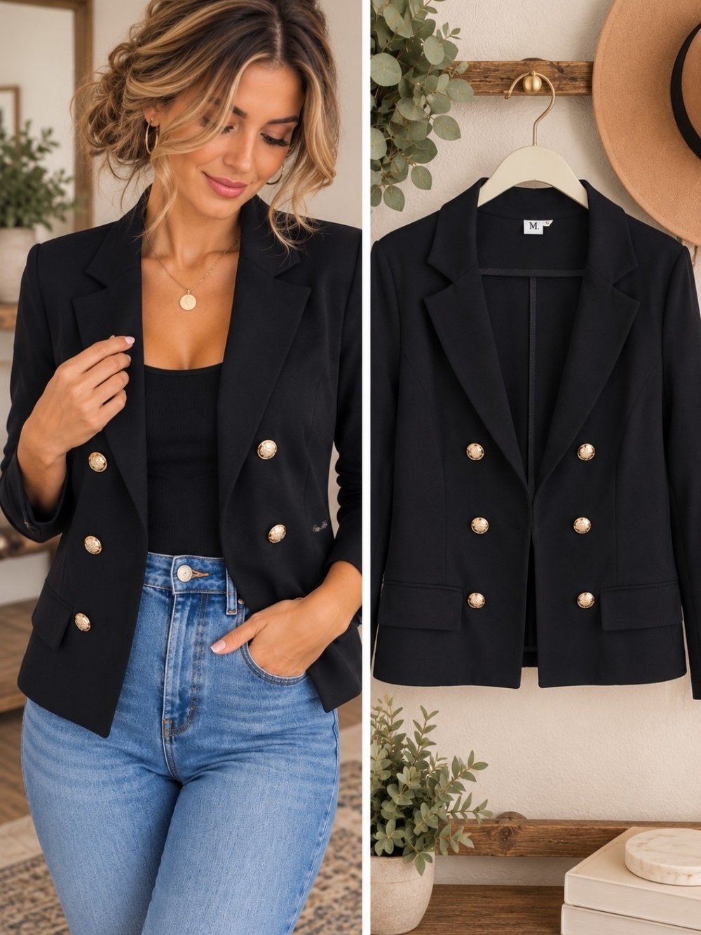 Black Double Breasted Blazer Gold Buttons Tailored Classic Jacket M Timeless